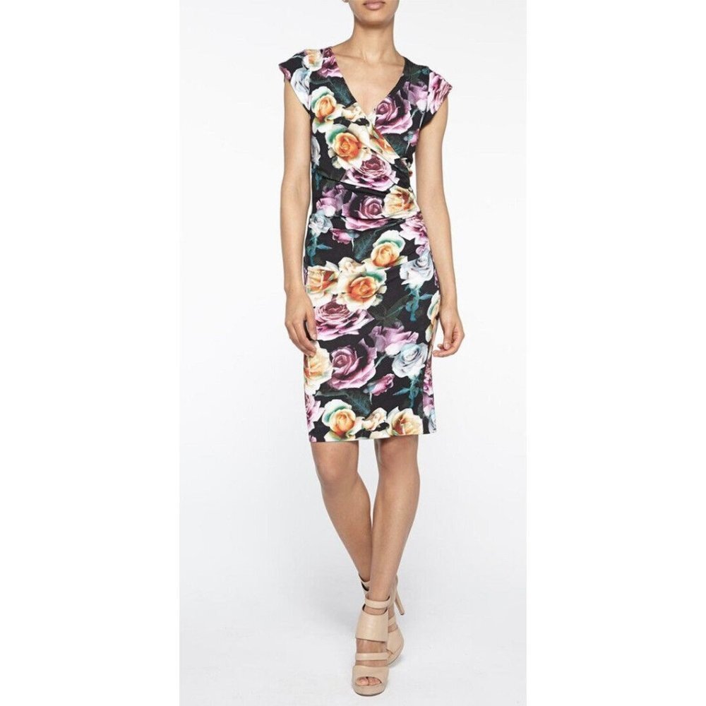 Nicole Miller Artelier Beckett Rosa Floral Faux Wrap Tucked Jersey Dress SZ 0